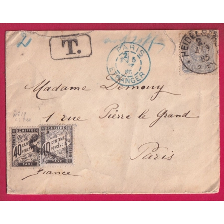 LETTRE ALLEMAGNE HEIDELSHEIM TAXE DUVAL 10C+ 40C NOIR PARIS ETRANGER EN BLEU 1885 LETTRE
