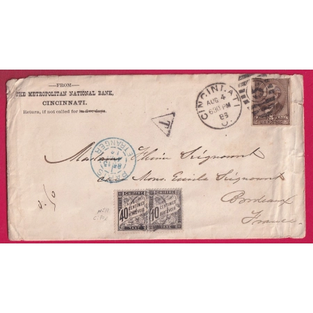LETTRE CINCINNATI OHIO USA TAXE DUVAL 10C+ 40C NOIR PARIS ETRANGER EN BLEU POUR BORDEAUX 1886 LETTRE