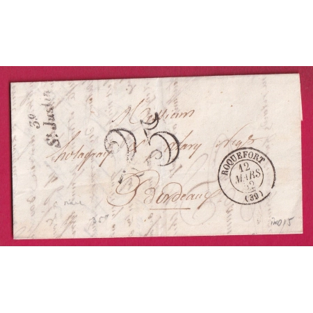 CURSIVE 39 ST JUSTIN LANDES CAD TYPE 15 ROQUEFORT POUR BORDEAUX 1852 INDICE 15 LETTRE