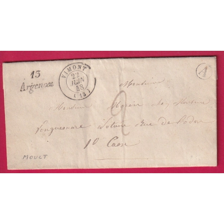 CURSIVE 13 ARGENCES CALVADOS CAD TYPE 15 VIMONT BOITE RURALE A MOULT POUR CAEN 1848 LETTRE