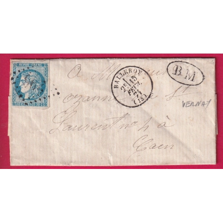 N°46A BLEU CLAIR GC 293 BALLEROY CALVADOS BM VERNAY POUR CAEN 1871 LETTRE