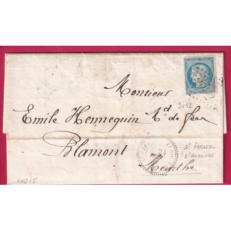 N°60 GC 3592 ST FERREOL D'AUROURE HAUTE LOIRE CAD TYPE 24 INDICE 15 POUR BLAMONT MEURTHE TEXTE PONT SALOMON LETTRE