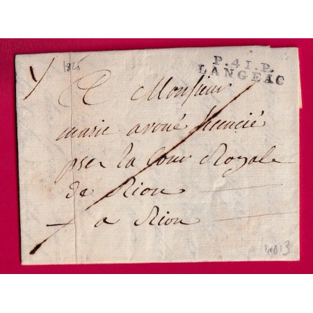 MARQUE P41P LANGEAC HAUTE LOIRE 1825 POUR RIOM PUY DE DOME INDICE 13 LETTRE COVER