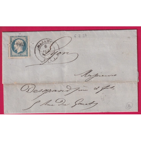 N°14 BLEU LAITEUX 6 JUILLET 1854 PC 1943 CAD TYPE 14 MAZAMET TARN POUR LYON INDICE 14 LETTRE COVER