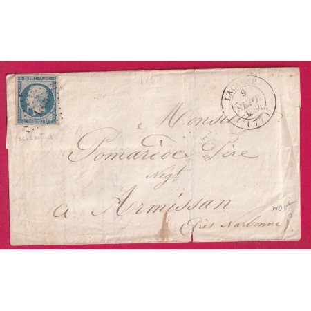 N°14 BLEU LAITEUX PC 1608 CAD TYPE 14 LACAUNE TARN INDICE 17 POUR ARMISSAN AUDE LETTRE COVER