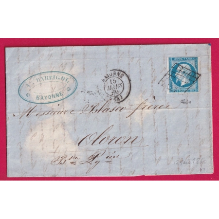 N°14 GRILLE DE BAYONNE BASSES PYRENEES 15 MARS 1860 SIGNE CALVES POUR OLORON LETTRE COVER