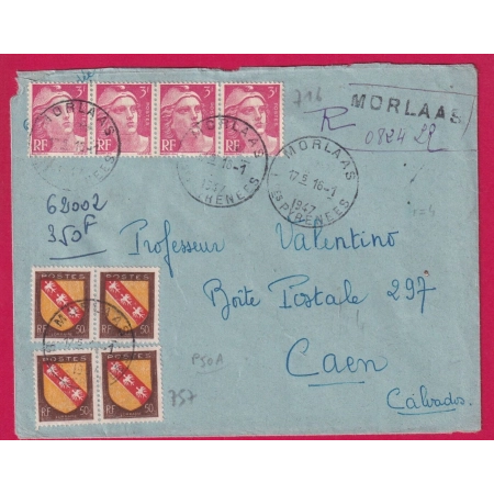 N°716 757 RECOMMANDE PROVISOIRE MORLAAS BASSES PYRENEES 1947 POUR CAEN CALVADOS LETTRE COVER