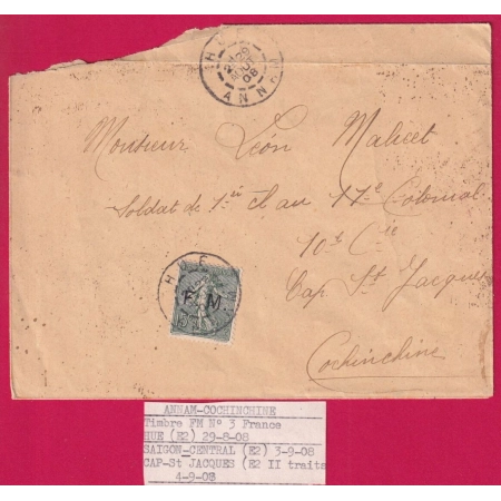 TIMBRE FM N°3 HUE ANNAM 1908 POUR CAP ST JACQUES COCHINCHINE LETTRE COVER