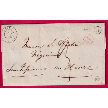 CAD TYPE 15 LITTRY CALVADOS 1846 BOITE RURALE D RIEU + DECIME RURAL POUR LE HAVRE SEINE INFERIEURE LETTRE COVER