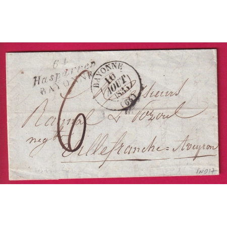 DOUBLE CURSIVE 64 HASPARREN BAYONNE BASSES PYRENEES 1835 POUR VILLEFRANCHE DE ROUERGUE AVEYRON LETTRE COVER
