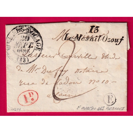 CURSIVE 13 LE MESNIL OZOUF CALVADOS T13 VILLERS BOCAGE BOITE RURALE E ST MARTIN DES BESACES 1836 POUR CAEN LETTRE COVER