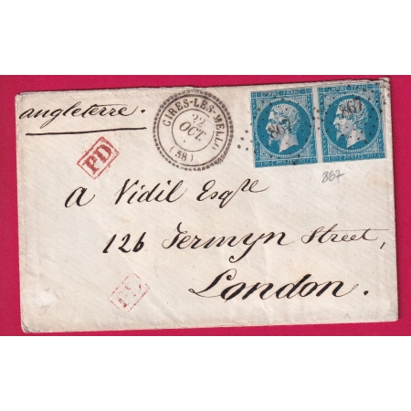N°14 PAIRE PC 867 CIRES LES MELLO OISE POUR LONDRES LONDIN CAD TYPE 22 LETTRE COVER