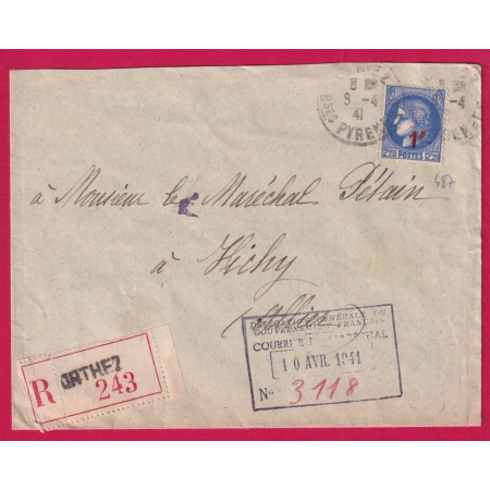 N°487 SEUL SUR RECOMMANDE OFFICE POUR LE MARECHAL PETAIN DEPART ORTHEZ BASSES PYRENEES LETTRE COVER