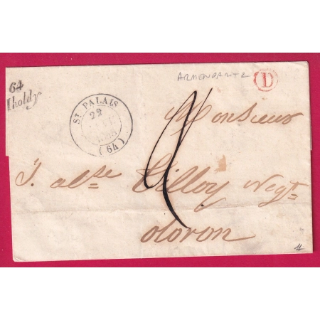CURSIVE 64 IHOLDY BASSES PYRENEES CAD TYPE 14 ST PALAIS BOITE RURALE D EN ROUGE ARMENDARITS POUR OLORON LETTRE COVER