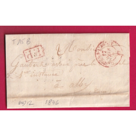 CAD TYPE 15B EN ROUGE CASTRES SUR L'AGOUT TARN + PP ROUGE POUR ALBI 1846 INDICE 12 LETTRE COVER