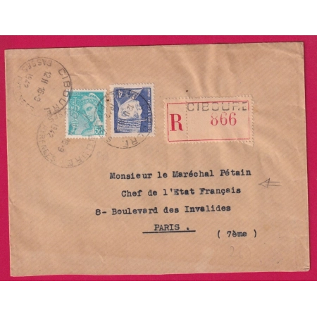 LETTRE RECOMMANDEE POUR LE MARECHAL PETAIN DEPART CIBOURE BASSES PYRENEES 1942 LETTRE COVER