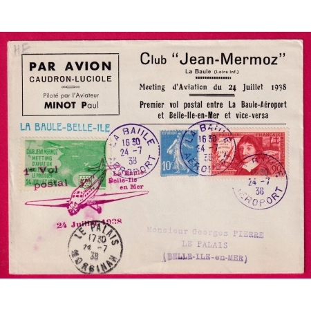 N°279 341 CAD VIOLET LA BAULE AEROPORT VIGNETTE PREMIER VOL POSTAL LA BAULE BELLE ILE EN MER 1938 LETTRE COVER