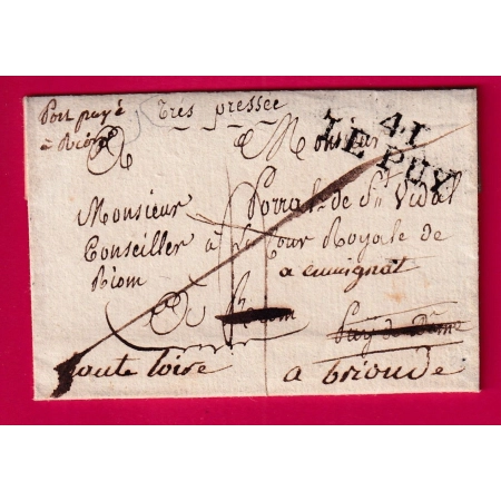 MARQUE 41 LE PUY HAUTE LOIRE PORT PAYE A RIOM PUY DE DOME MARQUE AU DOS UTILISE EN DEBOURS REEXP A BRIOUDE  LETTRE COVER