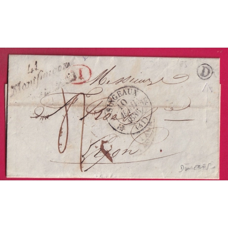 CURSIVE 41 MONTFAUCON GRATTEE HAUTE LOIRE BOITE RURALE D DUNIERES CAD TYPE 12 ISSENGEAUX POUR LYON 1836 LETTRE COVER
