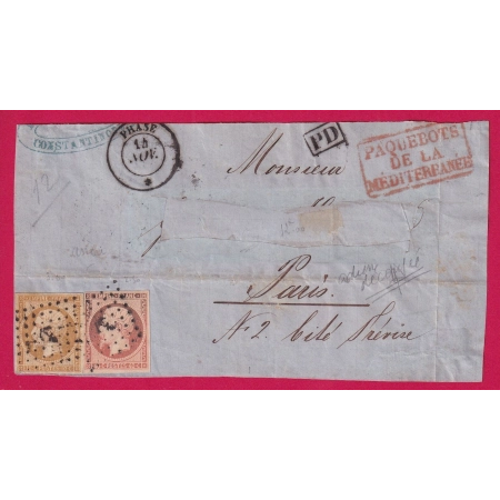 N°13 16 OBLITERATION ANCRE PAQUEBOT POSTE PHASE POUR PARIS DEPART CONSTANTINOPLE DEVANT DE LETTRE COVER