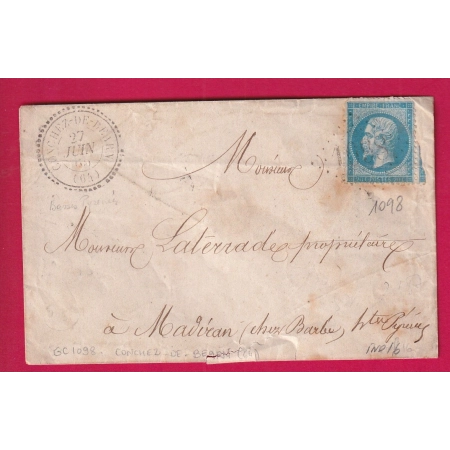 N°22 GC 1098 CONCHEZ DE BEARN BASSES PYRNEES CAD TYPE 22 POUR MADIRAN HAUTES PYRENEES INDICE 16 LETTRE COVER