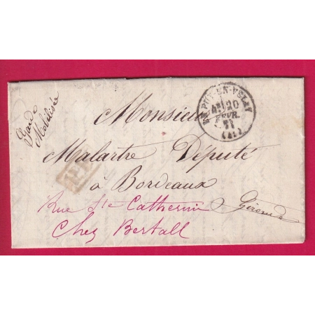 GUERRE 1870 LE PUY EN VELAY HAUTE LOIRE 1871 POUR BORDEAUX AU DOS CACHET RARE BORDEAUX ASSEMBLEE NATIONALE LETTRE COVER