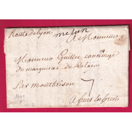 MARQUE MANUSCRIT MELUN SEINE ET MARNE MENTION ROUTE DE LYON POUR FEURS EN FOREZ LOIRE 1741 LETTRE COVER
