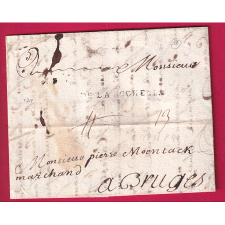 MARQUE DE LA ROCHELLE CHARENTE INFERIEURE 1711 POUR BRUGES BELGIQUE LETTRE COVER