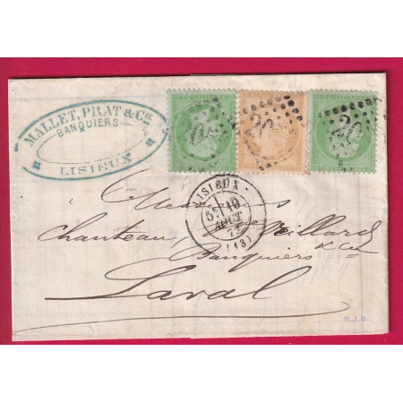 N°59 + 35 X2 GC 5056 LISIEUX CALVADOS POUR LAVAL MAYENNE 10 AOUT 1872 SIGNE RJB LETTRE COVER