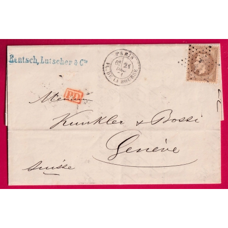 N°30 PARIS ETOILE 1 PL DE LA BOURSE POUR GENEVE SUISSE 1871 LETTRE COVER