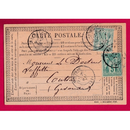 N°65 75 BORDEAUX GIRONDE POUR COUTRAS 1877 CARTE PRECURSEUR LETTRE COVER