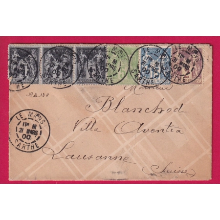 N°90 83 BANDE DE 3 85 106 LE MANS SARTHE 1900 POUR LAUSANNE SUISSE LETTRE COVER