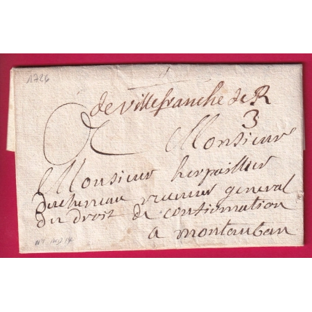MARQUE MANUSCRIT VILLEFRANCHE DE ROUERGUE AVEYRON 1726 POUR MONTAUBAN LOT ET GARONNE LN°1 IND 14 LETTRE COVER