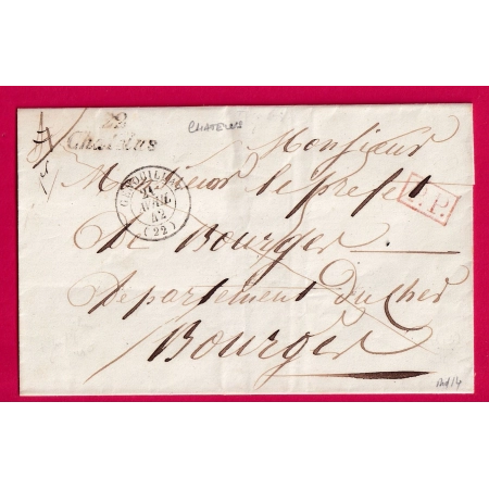 CURSIVE 22 CHATELUS CREUSE + PP ROUGE 1842 T15 GENOUILLAT POUR BOURGES LETTRE COVER