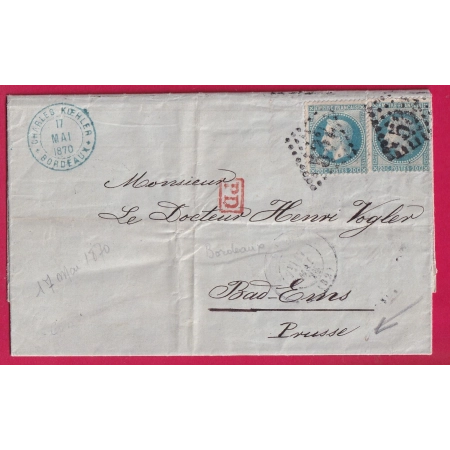 N°29 X2 GC 532 BORDEAUX POUR BAD EMS PRUSSE ALLEMAGNE 1870 LETTRE COVER