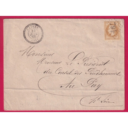 N°28 GC 794 CAYRES HAUTE LOIRE CAD TYPE 22 POUR LE PUY EN VELAY 1868 LETTRE COVER