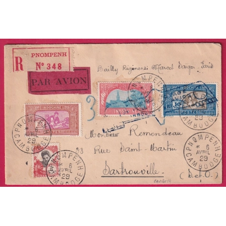 LETTRE RECOMMANDEE PAR AVION PNOMPENH CAMBODGE TIMBRE INDOCHINE 1929 SARTROUVILLE LETTRE COVER