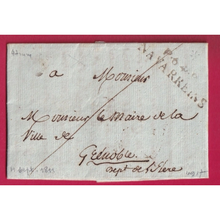 MARQUE P64P NAVARREINS BASSES PYRENEES POUR GRENOBLE ISERE 1811 INDICE 17 BELLE TAXE 29 AU DOS LETTRE COVER
