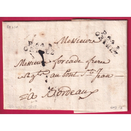 MARQUE P64P ORTHEZ BASSES PYRENEES POUR BORDEAUX 1808 INDICE 16 29X10 LETTRE COVER