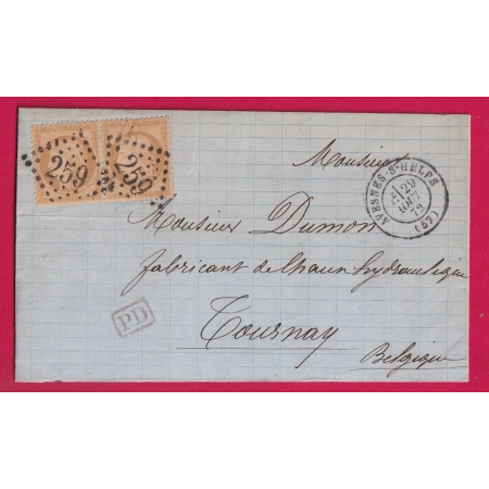 N°59 PAIRE GC 259 AVESNES SUR HELPE NORD POUR TOURNAY BELGIQUE 1872 LETTRE COVER