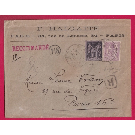 N° 103 115 VARIETE CHIFFRE TRES DEPLACE PARIS 118 R AMSTERDAM RECOMMANDE POUR PARIS 1902 LETTRE COVER