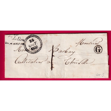 CURSIVE 13 ST JULIEN LE FAUCON DATEUR B 1852 CALVADOS TAXE LOCALE 1 POUR THIEVILLE BOITE RURALE G LETTRE