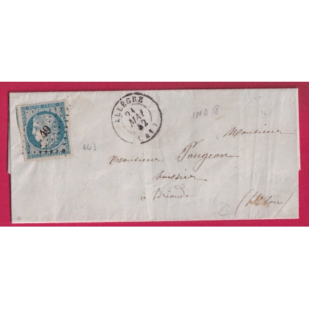 N°4 PC 49 ALLEGRE HAUTE LOIRE 1852 POUR BRIOUDE INDICE 18 LETTRE COVER