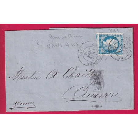 N°60 CAD GARE DE ROUEN SEINE INFERIEURE POUR AUXERRE YONNE LETTRE