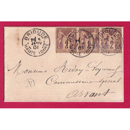 N°85 BANDE DE 3 BRIOUDE HAUTE LOIRE POUR ARVANT 1901 TARIF 1C EN TROP LETTRE