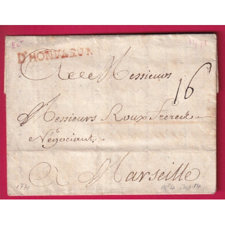 MARQUE HONFLEUR CALVADOS EN ROUGE 1771 POUR MARSEILLE LENAIN N°4 INDICE 14 LETTRE COVER