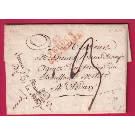 MARQUE 53 VERDUN SUR MEUSE FRANCHISE MANUSCRIT SERVICE DU CHAUFFAGE MILITAIRE POUR SEDAN ARDENNES 1821 LETTRE COVER