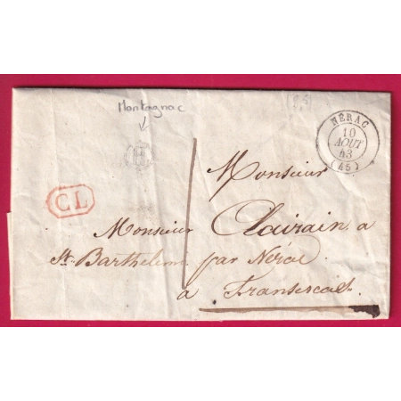 CAD TYPE 15 NERAC LOT ET GARONNE CL ROUGE TAXE LOCALE 1 BOITE RURALE H MONTAGNAC POUR FRANCESCAS LETTRE COVER