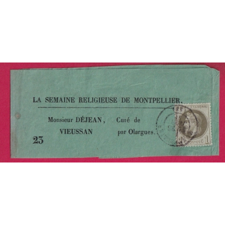 N°25 SEUL SUR BANDE DE JOURNAL MONTPELLIER HERAULT POUR VIEUSSAN OLARGUES 1871 LETTRE COVER