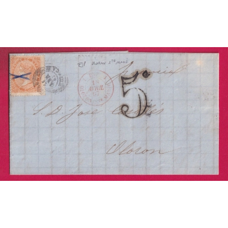 ESPAGNE N°88 JACA ESPAGNE SPAIN TAXE 5C CACHET ENTREE ESP OLORON STE MARIE POUR OLORON 1867 LETTRE